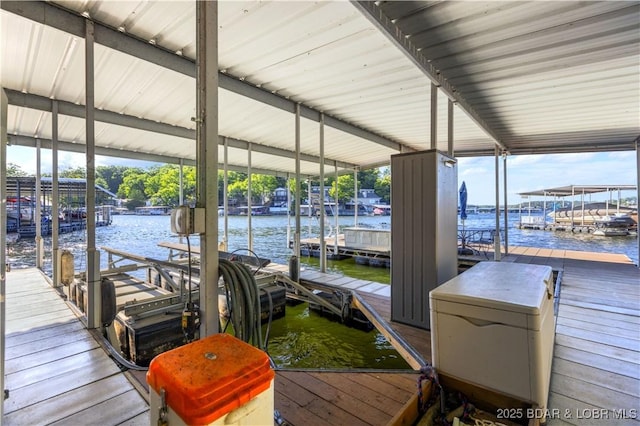 dock with boat lift and a water view