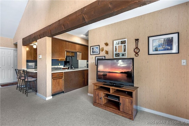 5940 Baydy Peak Rd Unit 932, Osage Beach, MO 65065 - kitchen with brown cabinets, black appliances, light countertops, lofted ceiling, and light carpet