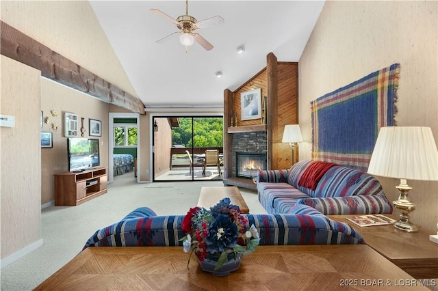 5940 Baydy Peak Rd Unit 932, Osage Beach, MO 65065 - living room with a ceiling fan, a fireplace, high vaulted ceiling, carpet flooring, and baseboards