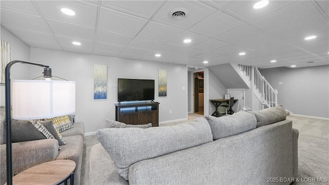 42 Buttercup Rd, Lake Ozark, MO 65049 - living room with recessed lighting, carpet floors, stairway, and baseboards