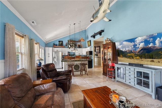 30566 Johnson Bay Dr, Gravois Mills, MO 65037 - living room with ornamental molding, light tile patterned floors, and high vaulted ceiling