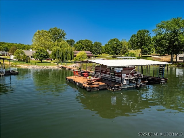 30566 Johnson Bay Dr, Gravois Mills, MO 65037 - dock with boat lift, a water view, and view of wooded area