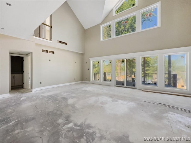 17 Eagles Pass, Climax Springs, MO 65324 - unfurnished living room featuring high vaulted ceiling, concrete floors, healthy amount of natural light, and baseboards