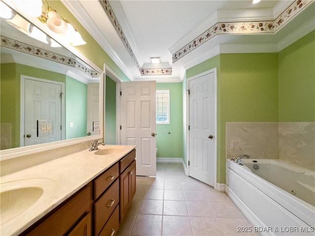 bathroom with baseboards, double vanity, a bath, ornamental molding, and tile patterned floors