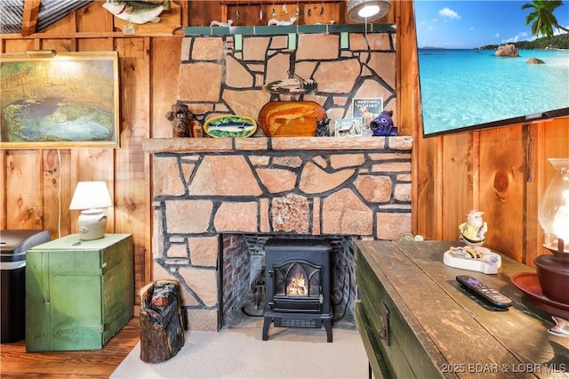 detailed view of wooden walls and a wood stove