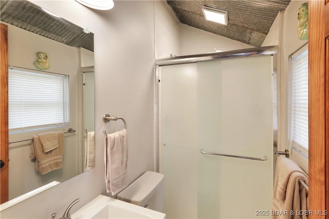 bathroom featuring toilet, a shower stall, vaulted ceiling, and a sink