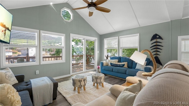 15219 Fleener Dr, Gravois Mills, MO 65037 - living room featuring high vaulted ceiling, ceiling fan, wood finished floors, and baseboards