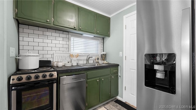 15219 Fleener Dr, Gravois Mills, MO 65037 - kitchen with appliances with stainless steel finishes, green cabinets, a sink, backsplash, and ornamental molding