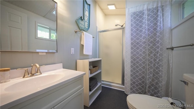 15219 Fleener Dr, Gravois Mills, MO 65037 - bathroom featuring toilet, a stall shower, and vanity