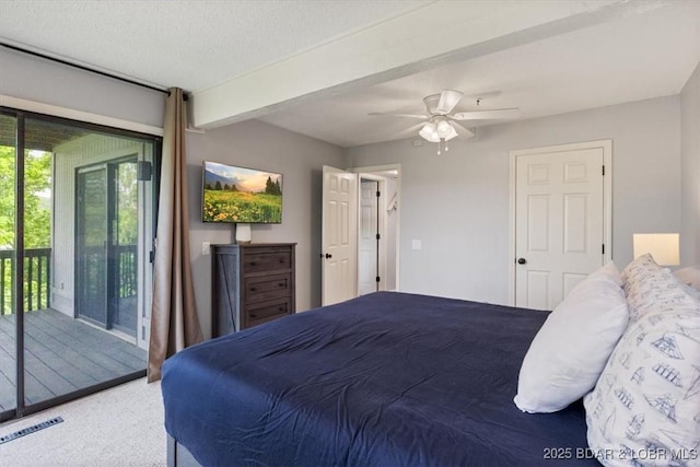 241 Shell Bay Cir Unit 1A, Linn Creek, MO 65052 - carpeted bedroom featuring access to exterior, beamed ceiling, and a ceiling fan