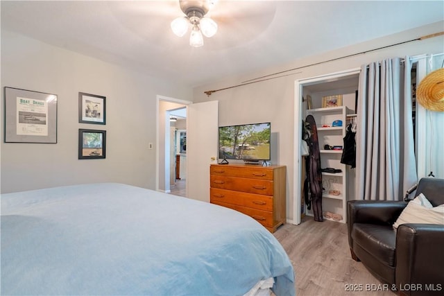 bedroom featuring light wood-type flooring, a walk in closet, a closet, and ceiling fan