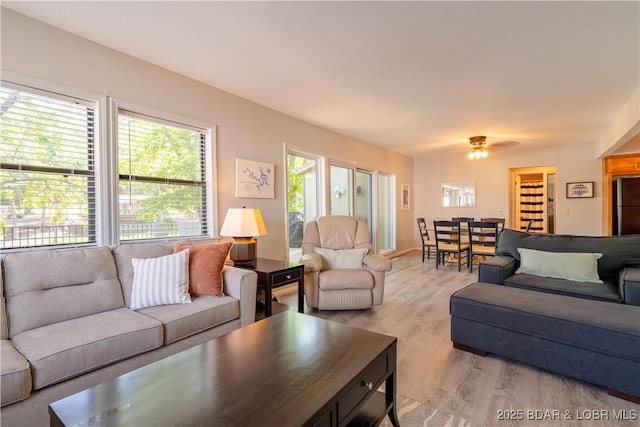 living room featuring light wood finished floors and ceiling fan