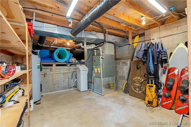 unfinished basement featuring water heater, a water softener, and heating unit