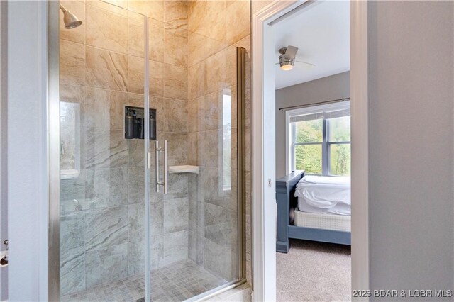 205 Wedge Wood Dr, Camdenton, MO 65020 - ensuite bathroom featuring a shower stall and a ceiling fan