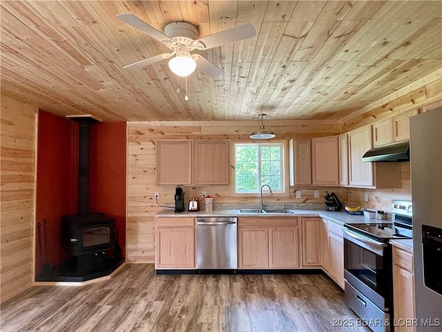 kitchen featuring wood ceiling, appliances with stainless steel finishes, a sink, under cabinet range hood, and wooden walls