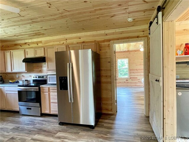 kitchen featuring stainless steel appliances, wooden walls, under cabinet range hood, wooden ceiling, and light wood-style flooring