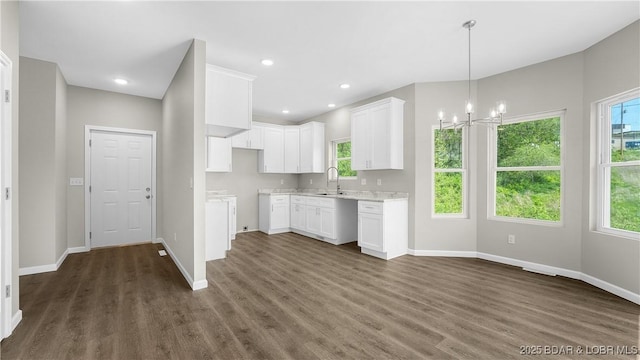103 Primrose Ln, Camdenton, MO 65020 - kitchen with a sink, plenty of natural light, dark wood-style floors, and a chandelier