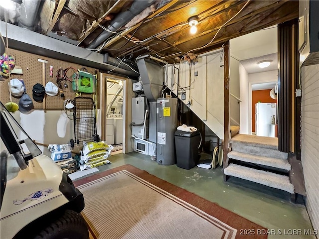 73 Good Neighbors Loop, Camdenton, MO 65020 - unfinished basement featuring freestanding refrigerator, water heater, washing machine and clothes dryer, stairs, and heating unit