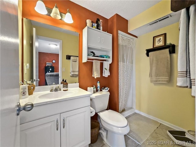 73 Good Neighbors Loop, Camdenton, MO 65020 - bathroom with vanity, toilet, curtained shower, tile patterned floors, and a textured ceiling