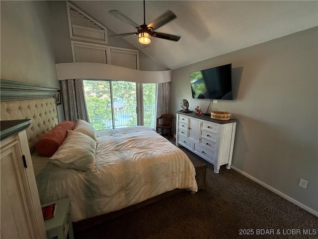 1089 Buckingham Dr Unit 1, Camdenton, MO 65020 - bedroom featuring dark colored carpet, baseboards, lofted ceiling, and a ceiling fan