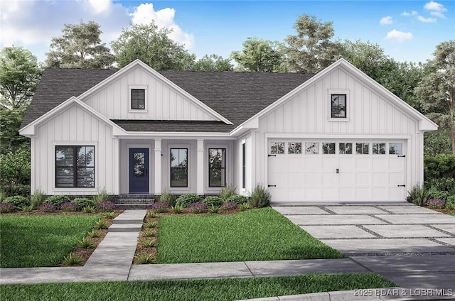 6 Sam Dr, Kaiser, MO 65047 - modern farmhouse style home featuring roof with shingles, driveway, a garage, and a front yard