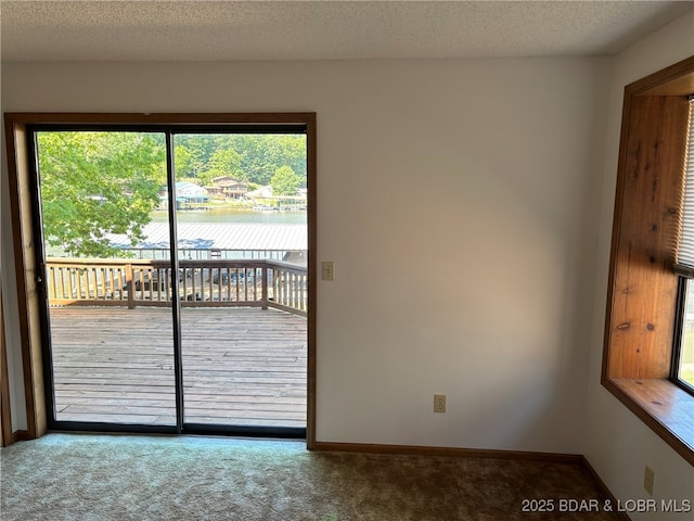 870 Jupiter Rd, Camdenton, MO 65020 - doorway to outside with carpet floors, healthy amount of natural light, a water view, and baseboards