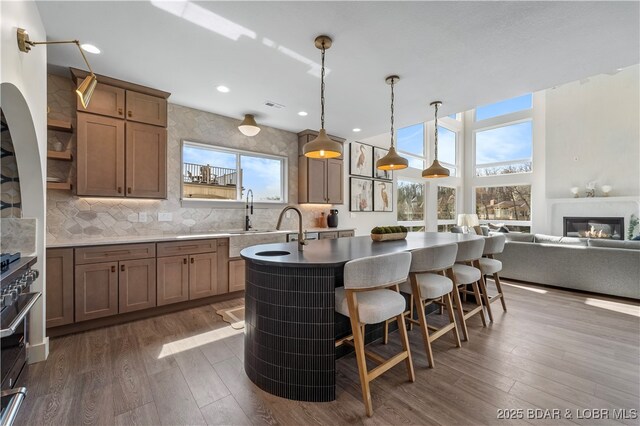 154 Via Cresta Dr, Sunrise Beach, MO 65079 - kitchen featuring dark wood-type flooring, a center island with sink, a sink, a breakfast bar area, and stainless steel range with gas stovetop