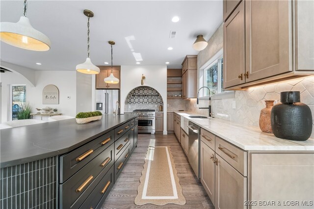 154 Via Cresta Dr, Sunrise Beach, MO 65079 - kitchen featuring high end appliances, a sink, light wood-style floors, decorative backsplash, and pendant lighting