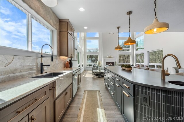 154 Via Cresta Dr, Sunrise Beach, MO 65079 - kitchen featuring a sink, dishwasher, open floor plan, tasteful backsplash, and wood finished floors