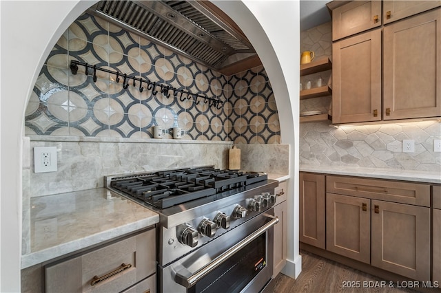 154 Via Cresta Dr, Sunrise Beach, MO 65079 - kitchen with high end stainless steel range, decorative backsplash, custom exhaust hood, and open shelves