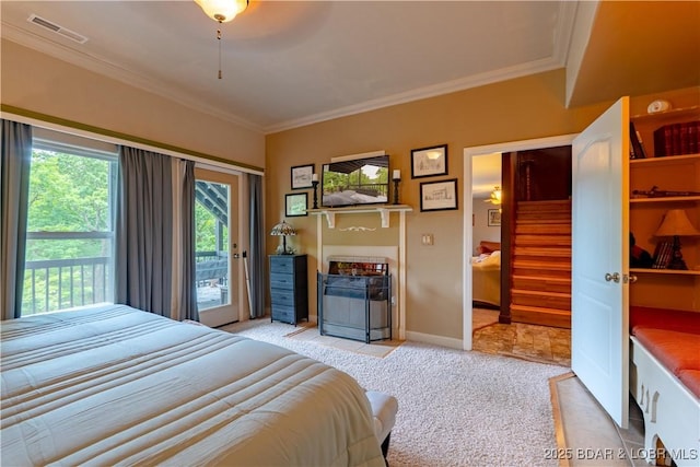 179 Regency Cove Dr, Lake Ozark, MO 65049 - bedroom with light colored carpet, access to exterior, ornamental molding, and baseboards