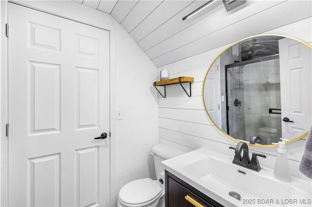 855 Ginger Rd, Lake Ozark, MO 65049 - full bathroom featuring toilet, vaulted ceiling, a stall shower, and vanity