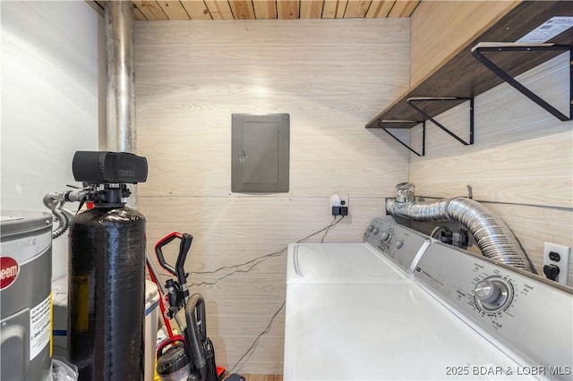 855 Ginger Rd, Lake Ozark, MO 65049 - laundry room with independent washer and dryer, electric panel, and wooden ceiling