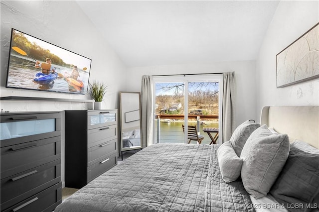 855 Ginger Rd, Lake Ozark, MO 65049 - bedroom featuring lofted ceiling, a water view, and access to outside