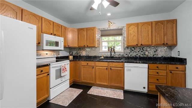 119 Camelot Dr, Camdenton, MO 65020 - kitchen featuring white appliances, a sink, a ceiling fan, backsplash, and brown cabinetry