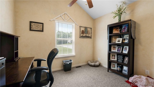 119 Camelot Dr, Camdenton, MO 65020 - carpeted office space featuring lofted ceiling, a ceiling fan, and baseboards