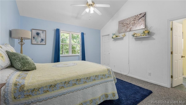 119 Camelot Dr, Camdenton, MO 65020 - carpeted bedroom with lofted ceiling, baseboards, and a ceiling fan