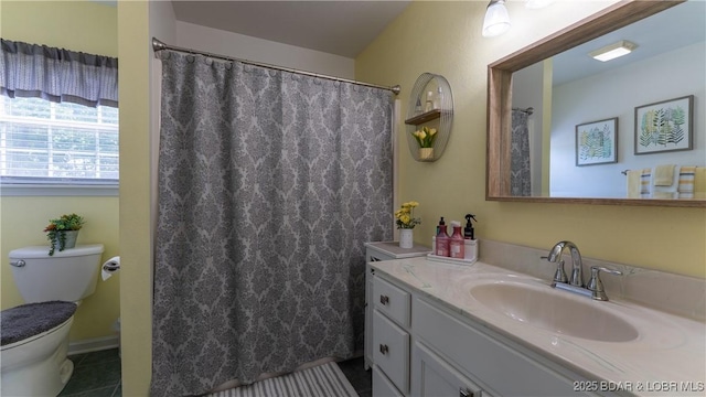 119 Camelot Dr, Camdenton, MO 65020 - full bathroom with toilet, vanity, tile patterned flooring, and a shower with curtain