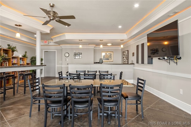 100 Trinity Pointe Dr Unit 4M, Camdenton, MO 65020 - dining space with crown molding, a raised ceiling, a ceiling fan, and recessed lighting