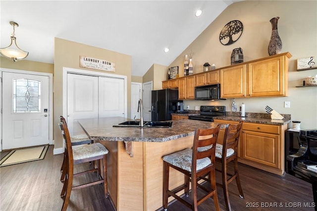 790 College Blvd, Osage Beach, MO 65065 - kitchen with black appliances, a sink, dark countertops, dark wood-type flooring, and high vaulted ceiling