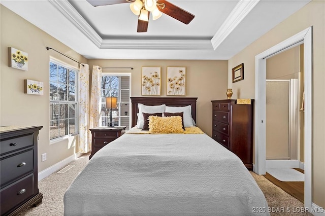 790 College Blvd, Osage Beach, MO 65065 - bedroom with a tray ceiling, ornamental molding, baseboards, and ceiling fan
