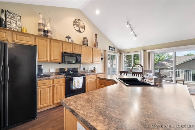 790 College Blvd, Osage Beach, MO 65065 - kitchen with black appliances, a sink, track lighting, light brown cabinetry, and dark wood finished floors