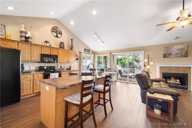 790 College Blvd, Osage Beach, MO 65065 - kitchen featuring black appliances, a sink, a kitchen breakfast bar, an island with sink, and open floor plan
