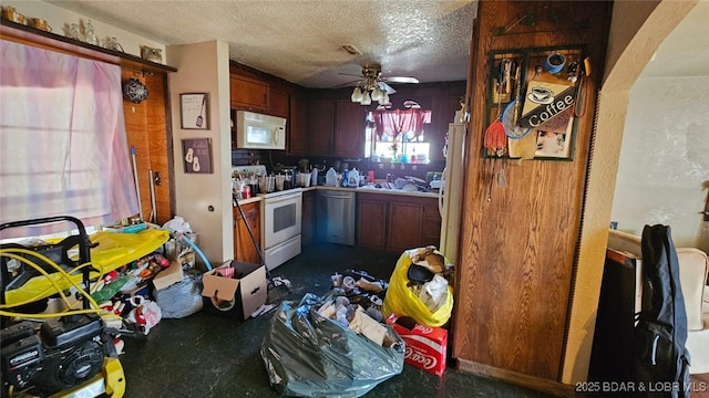 1501 Long Ln, Eldon, MO 65026 - kitchen with white appliances, a textured ceiling, ceiling fan, and a sink