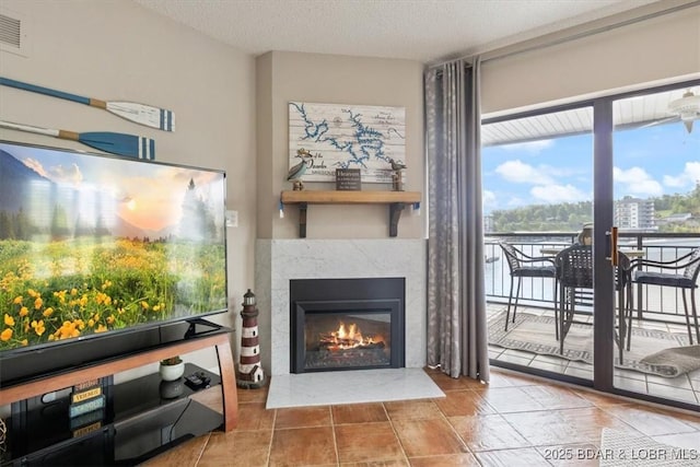 90 Falls Point Dr Unit 2C, Lake Ozark, MO 65049 - tiled living area featuring a glass covered fireplace and healthy amount of natural light