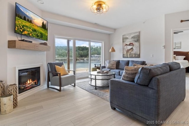 166 Oak Harbor Dr Unit 3D, Camdenton, MO 65020 - living area featuring a glass covered fireplace and light wood-style floors