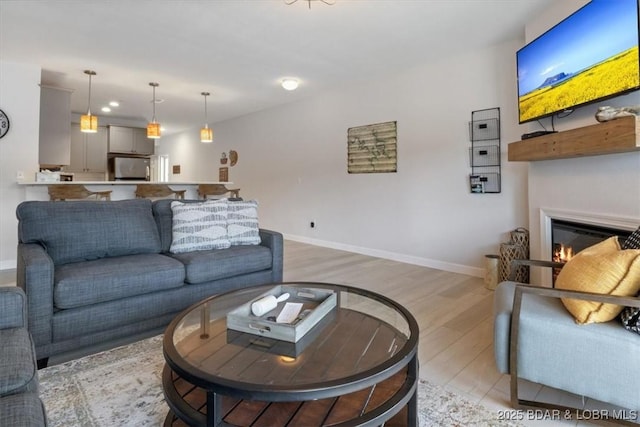 166 Oak Harbor Dr Unit 3D, Camdenton, MO 65020 - living area featuring light wood-type flooring, a glass covered fireplace, and baseboards