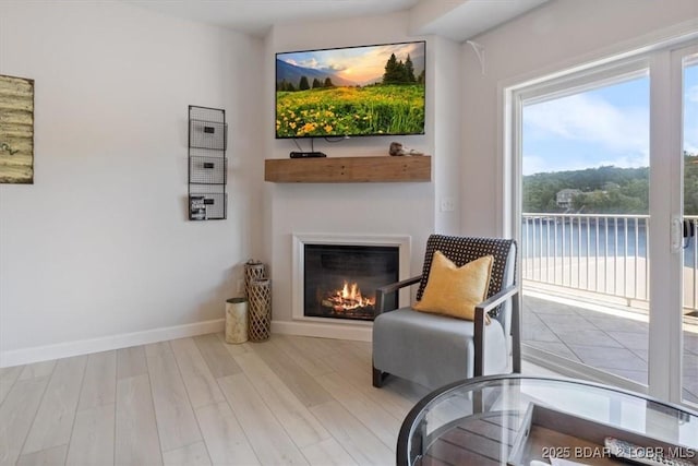 166 Oak Harbor Dr Unit 3D, Camdenton, MO 65020 - sitting room featuring a glass covered fireplace, wood finished floors, and baseboards
