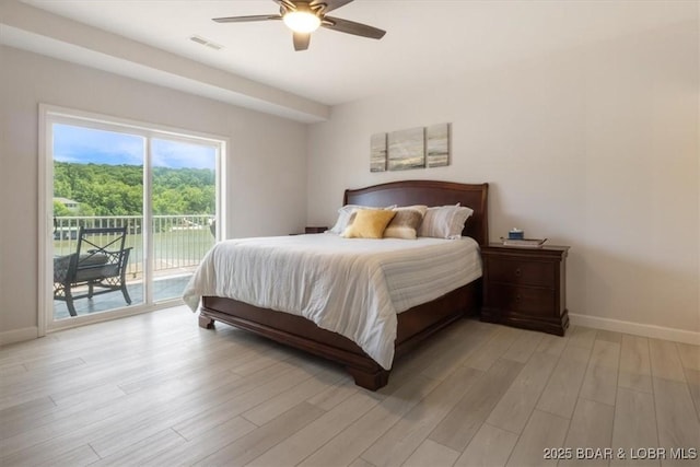166 Oak Harbor Dr Unit 3D, Camdenton, MO 65020 - bedroom with access to exterior, light wood-style floors, baseboards, and ceiling fan