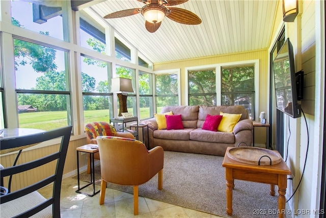 24 Canoe Ct, Osage Beach, MO 65065 - sunroom / solarium with vaulted ceiling, outdoor lounge area, a ceiling fan, and tile patterned flooring